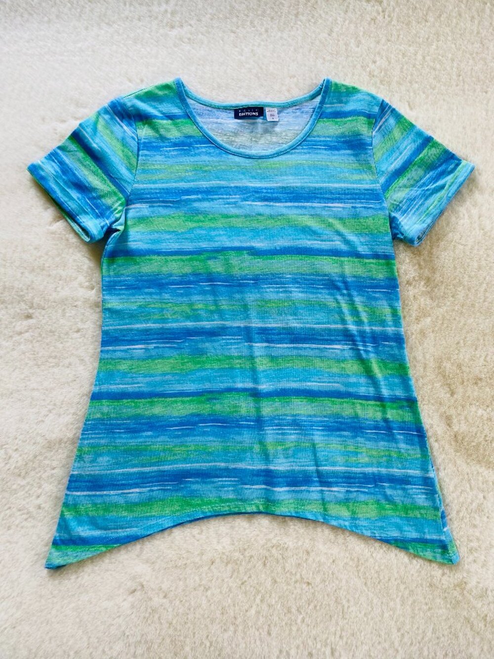 Women's Aqua, Blue, and Green Stripes T-Shirt size Small Shark Bite Hemline